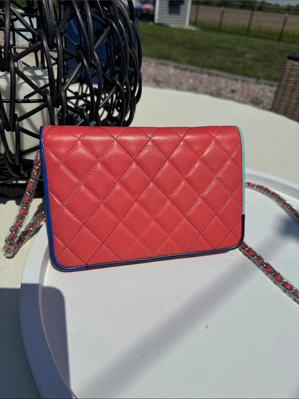 CHANEL Coral Quilted Leather Crossbody with Blue and Mint Trim